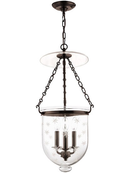 Hampton Large Bell Jar Hall Pendant With Etched Star Pattern In Olde Bronze.